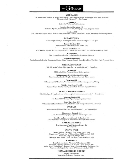 The Gibson, Opening Night Menu
